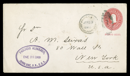 Juana Diaz Military Station No. 8, 2c Carmine on white entire overprinted Porto Rico in red to New York with Mil. Sta. No. 8 W.D.C.Juan Diaz Porto RicoJan 23, 00 duplex
postmark showing spelling error Juan for Juana, San Juan and New Yo