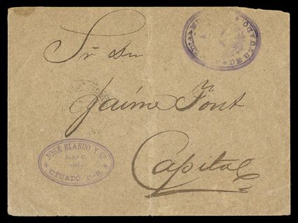 28 August 1898 Utado Mayoral Municipal Seal Provisional, large purple seal struck as 5c provisional postal franking on cover sent Thru the Lines to San Juan, San Juan Admon.
CentralPuerto Rico29.Ago.98 arrival backstamp, cover with harmless
