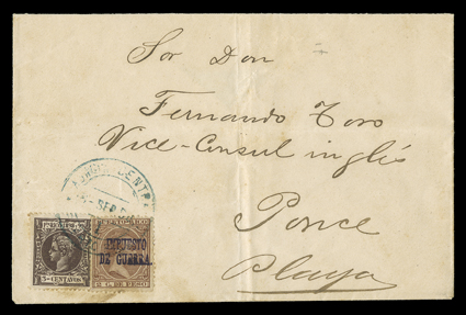3 September 1898 Thru the Lines cover from Spanish controlled San Juan to occupied Playa de Ponce, franked by Puerto Rico 1898 3c Dark brown and 2c Red brown War Tax (142, MR6)
tied by blue Admon. CentralPuerto Rico3 Sep. 98 datestamp, par