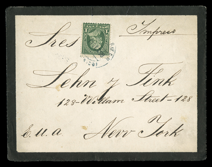 14 September 1898 cover with U.S. postage cancelled by Spanish device, mourning cover to New York franked by 1c Dark green (279) to pay the unsealed circular rate, tied by blue
San GermanPto. Rico14 Set. 98 c.d.s., Playa de Ponce Military St
