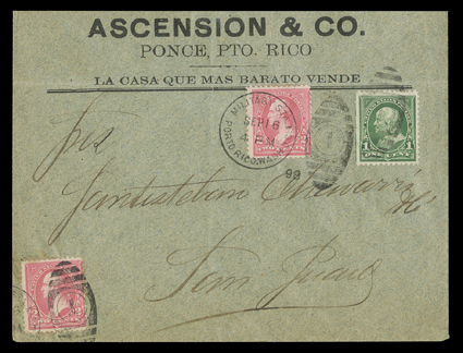 16 September 1898 Thru the Lines Civilian Flag of Truce, advertising cover franked by two 2c Red and 1c Dark green tied by clear Playa de Ponce Military Sta. 1Porto Rico. Wash.
D.C.Sep 16 99 duplex postmarks (last day of station at Playa de