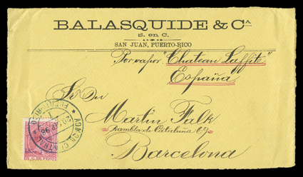20 September 1898 cover front from San Juan to Barcelona while San Juan was still in Spanish hands, franked by Puerto Rico 1898 8c Carmine rose overprinted Habilitadopara1898 y
1899 in violet and tied by blue Admon. CentralPuerto Rico20. S