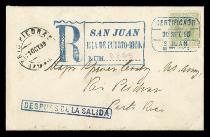 30 September 1898 registered cover from Spanish controlled San Juan, franked by Puerto Rico 1898 1P Yellow green (153) tied by blue boxed Certificado30 Set. 98S. Juande Pto.
Rico postmark, with large San Juan registry handstamp along side,