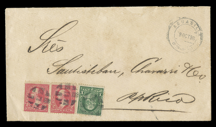 9 October 1898 Thru the Lines cover from occupied Aguadilla to Spanish controlled San Juan, franked by pair 2c Red and 1c Dark green tied to each other and to cover by
segmented cork cancels, clear AguadillaPto. Rico9 Oct. 98 Spanish period