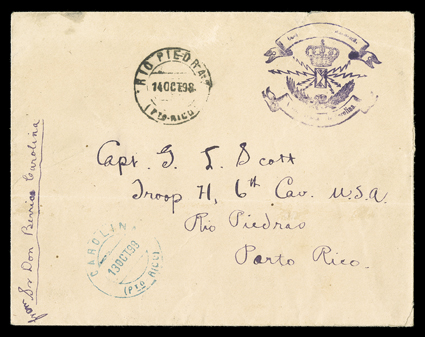 13 October 1898 Carolina Telegraph mark Provisional, mostly bold strike in violet as provisional postage 5c franking on cover to Rio Piedras, addressed to Capt. Scott, Troop H,
6th Cavalry on the same day it was occupied by American troops, blue