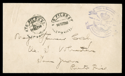 14 October 1898 Rio Piedras Telegraph mark Provisional, clear strike in violet as provisional postage 5c franking on cover to San Juan while still in Spanish hands, sent two
days after Rio Piedras was occupied by American troops, initially a post