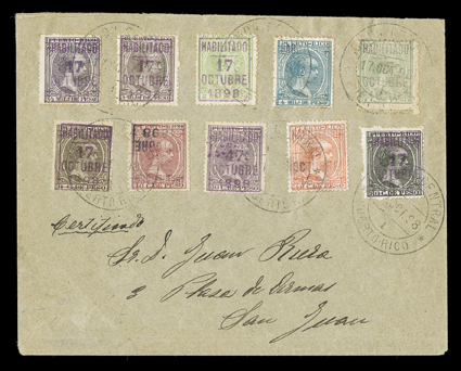 17 October 1898 Transfer Day commemorative cover, ten values from ½m to 80c from the 1890-97 Alfonso XIII issued overprinted by local postal clerks to commemorate the last day
of Spanish control over the island with violet boxed Habilitado17Oc