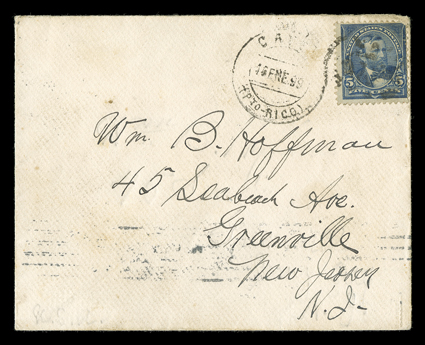 16 January 1899 cover with U.S. postage cancelled by Spanish device, soldiers cover to Greenville, N.J. franked by 5c Dark blue (281) tied by segment cork cancel, with
CayeyPto. Rico16 Ene. 99 Spanish provisional datestamp along side, San J