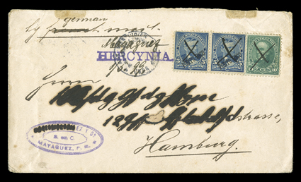 May 1899 cover from Mayaguez to Hamburg via steamship Hercynia, franked with U.S. 10c Dark green (273) and pair Porto Rico 5c Dark blue (212) cancelled by ms. Xs, purple
straightline HERCYNIA and circular Aus West Indien - Uber Koln h