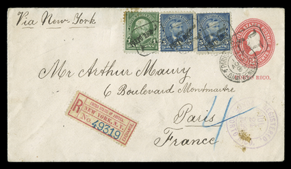 24 July 1899 registered cover to France with U.S. postage cancelled by Spanish device, 2c Carmine on white entire overprinted Porto Rico in red uprated by 1c Green (stained)
and two 5c Dark blue (279, 281), tied by four strikes R in octagon