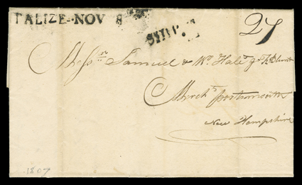 Balize - Nov 8 (1807), bold straightline territorial period postmark, matching SHIP handstamp and manuscript 27 rate on fresh folded letter with integral address leaf to
Portsmouth, N.H. datelined On Board Ship Bathe, Nov. 7th, 1807, harmle