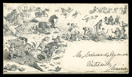 Waterville, Me.Feb 13, datestamp and matching 1 handstamped drop rate on French comic envelope with allover design from the 1850s, very fine and rare
usage.