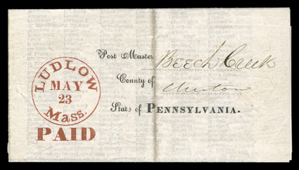Ludlow, MassMay 23 (1853)Paid, red printed postmark on advertising circular of Charles M. Willard to Beech Creek, Pa. offering to sell the postmaster Post Office Handstamps
which he manufactured, with illustrations of the postmarks in red on