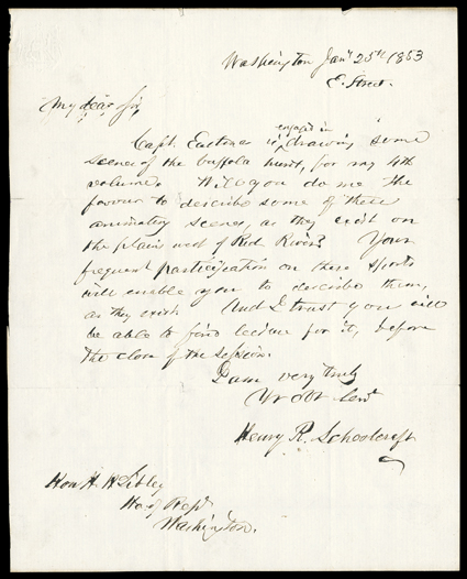 [Ethnologist Schoolcraft writes from Detroit] Trio of autograph letters signed by Henry Schoolcraft, the renowned scholar. The first two are written from Detroit, March 8,
1831, and October 16, 1833, both are to his brother-in-law and sub-agent,