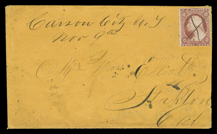 Carson City, Nevada, manuscript Carson City, U.T.Nov 9th postmark while Utah Territory on orange cover to Stockton, California with 3c Dull red (26) cancelled by manuscript X,
slightly reduced at right, fine.The Carson City Post Office was