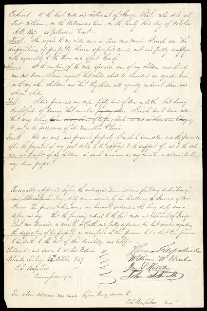 [Bent & St. Vrain, Bents Estate] Choice pair of documents regarding the estate of fur trader George Bent, the first a manuscript document signed, October 24, 1847, by mountain
man Thomas Fitzpatrick, as well as William W. Bent, (brother of Ge