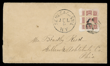 [Leeds patent envelope from Seneca Castle, New York], latticed window design cover used to Colbrook, Ohio with 3c Rose (65) cancelled and matching Seneca Castle, N.Y.Jul 6
datestamp alongside, with original 1865 enclosure, very fine.
