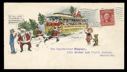 [Outcault Santa Claus cover from New York], Dec 10, 1904, wavy line machine postmark on stunning allover six color Santa Clause advertising cover for Bloomingdales Department
Store, by R.F. Outcault, with 2c Carmine (319), extremely fine and ch