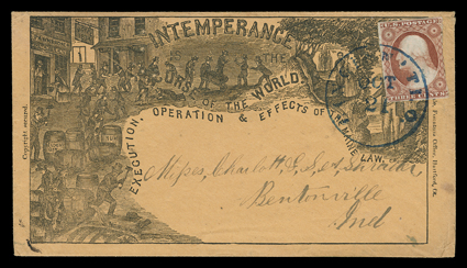 [Cincinnati, Ohio use of propaganda cover] Intemperance is the Bane of Society, allover propaganda design cover, published in Hartford, Ct., used to Bentonville, Indiana with
3c Dull red (11), margins to cutting, tied by blue Cincinnati, O.Oct