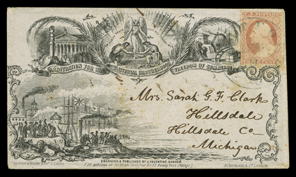 [Hartford, Ohio use of propaganda cover] Universal Brotherhood, Arbitration for War, Freedom of Commerce, allover propaganda design cover, published by J. Valentine of Dundee,
Scotland, used to Hillsdale, Michigan with 3c Dull red (11), clear to