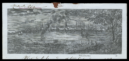 [Illustrated letter sheets], 12 illustrated letter sheets used from the 1840s to the 1870s comprised of 1849 view of Philadelphia with steamboat and sailing ships used to
Wurtenburg, 1855 view of Rock Island and Fort Armstrong with railroad bri