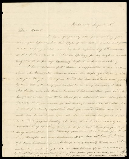 [Beautiful Squaws of the Rocky Mountains, Robert Campbell] Exceptional content autograph letter signed by Mary Campbell, his sister-in-law, Richmond, VA, August 3, 1831. She
writes Campbell in St. Louis, telling him his brother, Hugh:left me l