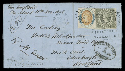 Emeu, New South Wales 1854 6d Grey (29) and 1856 (6d) Orange and blue Registration (F1), mostly large margins to just touching at top, tied by 55 in dotted circle to 8
November, 1858 registered folded letter with integral address leaf to