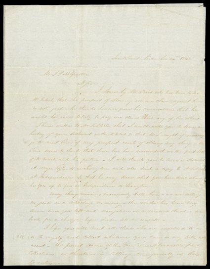 Campbell, Robert Good Autograph Letter Signed Robert Campbell, 1-13 pages, 4to, St. Louis, November 24, 1842. To J.P. Helferson in Lexington, MO. He has sent Mr. Tevis to Mr.
McIntosh to collect his debts and finds him unable to pay now, but l