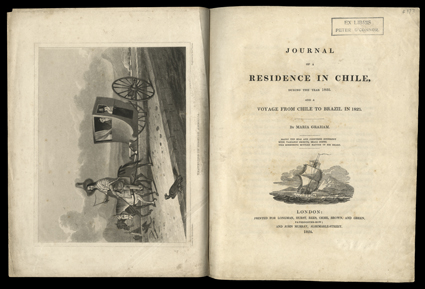 Journal of a Residence in Chile during the Year 1822, Maria Graham. London, Longman, Hurst, et al., 1824. 4to, modern half morocco with orange cloth. Owners handstamp on
title. Some edge wear and light toning and foxing. Modern binding nearly as