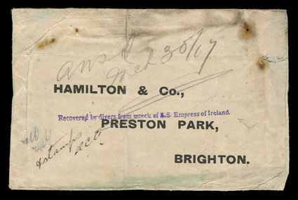 [Wrecks of the S.S. Empress of Ireland and S.S. Oregon], cover recovered after being in the water for several months, with purple straightline Recovered by divers from wreck
of S.S. Empress of Ireland on front and violet oval Branc