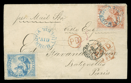 [Liberia to France] 1868 Second Issue folded cover front with top flap only to Paris, France with 1864 6c Red and 12c Blue (Scott 7-8) cancelled by blue Monrovia, Liberia
postmark, which is repeated on the cover with integral Paid, carri