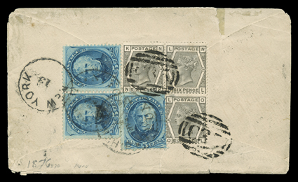 [From Peru, United States + Great Britain Mixed Franking] from the same correspondence as the previous cover, though this one pays the triple rate, three Great Britain 1873 6p
Gray (62, plate 14) tied by C35 British postal agency postmark, alo