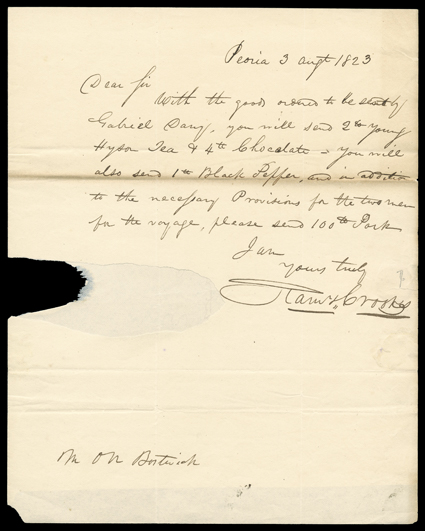 Crooks, Ramsay, Good pair of letters from early and late in his career. The first, from Peoria, IL, August 3, 1823, is to O.N. Bostwick, Agent Am: Fur Company in St. Louis. He
directs that with the goods ordered to be sent by Gabriel Davy, y