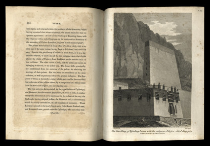 [Tibet Book], An Account of an Embassy to the Court of the Teshoo Lama, in Tibet. Samuel Turner. London, Bulmer & Co., 1800. 4to, modern quarter leather with beautifully
marbled cloth. With dedication leaf, folding map, folding page of Tibeta