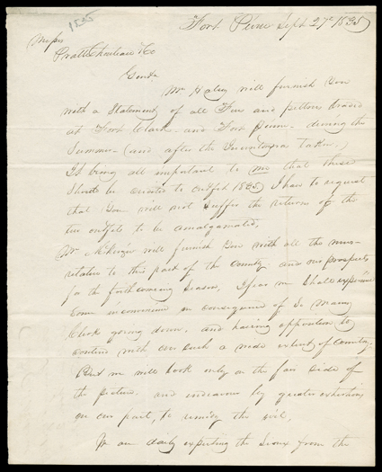 [Fort Pierre, 1835], Autograph letter signed by David D. Mitchell at Fort Pierre (opposite present-day Pierre, South Dakota), September 27, 1835. He writes Pratte, Chouteau, &
Co., St. Louis:Mr. Halsey will furnish you with a statement of all