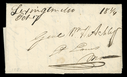 Sublette, William L., Choice political content autograph letter signed to William H. Ashley, Lexington, MO, October 16, 1831. Returning from Santa Fe, he reports:I have not
lost any animals since I wrote to you from the Arkansaw (see letter ab