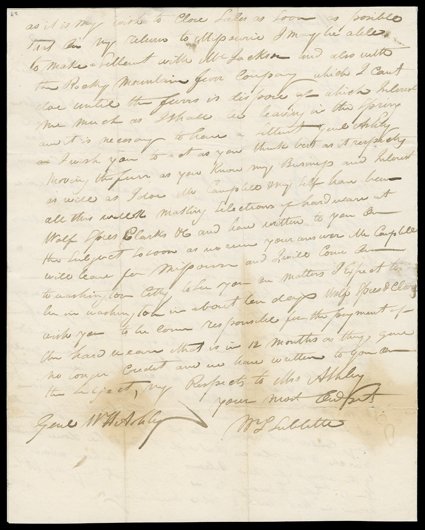 Sublette, William, Excellent content Autograph Letter Signed W.L. Sublette, 2 pages, 4to, New York, January 4, 1833 (Sublette has misdated it 1832 and overwritten it) to
William H. Ashley in Washington:I have been to see Mr. Tracy & Mr. Hals