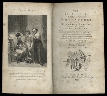 The Life and Strange Surprizing Adventures of Robinson Crusoe., Daniel Defoe. London, John Stockdale, 1790. First Stothard edition. Two volumes. 8vo, contemporary leather with
later gilt spines. Rebacked. Engraved frontises and titles. Ex lib