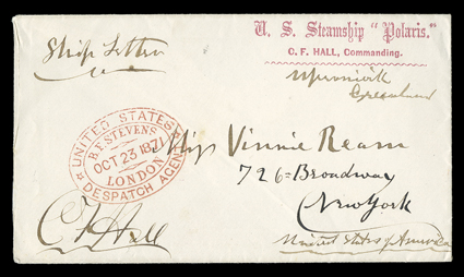 [Arctic voyage of the USS Polaris] October 1871 cover with U.S. Steamship Polaris.C.F. Hall, Commanding. imprint at upper right and manuscript UpernavikGreenland beneath,
signed by him at bottom left, and also Ship Letter in