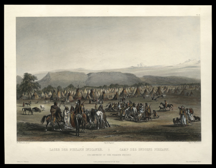 [Piekanns] Rare aquatint Engraving Encampment of the Piekann Indians C. Bodmer, painter, Bougeard, publisher, Beyer & Hurlimann, engraver. Holscher in Koblenz, Ackermann in
London, Bertrand in Paris, [ca 1840]. Embossed C. Bodmer at bottom. T