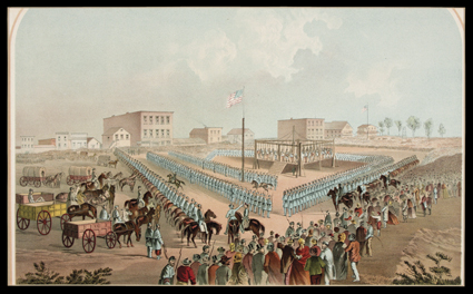 [Lithograph, Execution of Thrity-eight Sioux Indians at Mankato, Minnesota December 26, 1862.] John C. Wise, publisher, 1883 Hayes Litho. Co., Buffalo, NY. Chromolithograph on
paper, 16.5 x 21.25. Chipping of bottom margin, soft crease at up