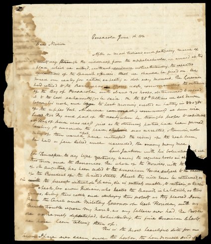 [First Seminole War, The Fall of Pensacola] Historic Autograph Letter Signed by Geo. M. Brooke, 1   pages, 4to, Pensacola, June 1, 1818. He writes to a Mr. Nivison, After a
most tedious and fatiguing march of twenty days through the wilderne