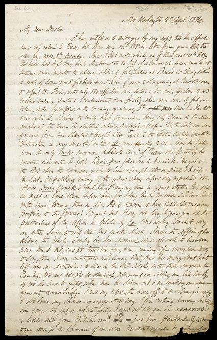 [The Alamo] Exceptional Autograph Letter Signed J. Morgan in body, bursting with content, 4 pages, legal folio, New Washington (now Morgans Point), Texas, April 2, 1836, giving
an account of the events at the Battle of the Alamo less than a mo