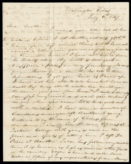 [After the Alamo, Houstons fitness to command] Interesting letter by Lieut. George H Crossman of the 6th Infantry, who writes from Natchitoches, Louisiana to US Representative
George W. Jones, April 5, 1836, questioning Sam Houstons fitness to