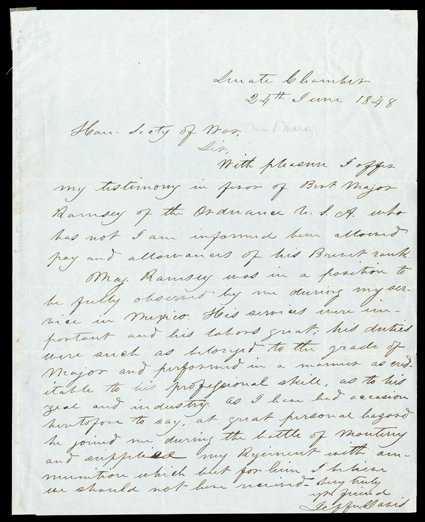 [Siege of Monterey, Jefferson Davis] Davis, Jefferson, Autograph Letter Signed Jeffer. Davis as US Senator from Mississippi, 1 page, 4to, (Washington), June 24, 1848. He writes
to Secretary of War William L. Marcy in praise of Brvt. Major Ra