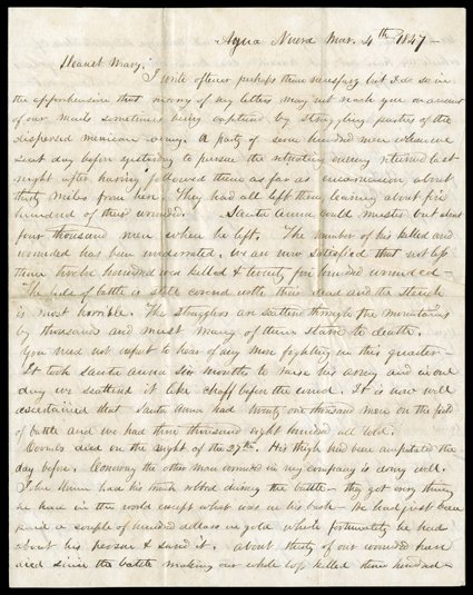 [Buena Vista, the Gibson Correspondence] A series of 28 letters by Captain Thomas W. Gibson of the 3rd Indiana Volunteers, all to his wife, Mary, back in Charlestown, Indiana,
July 1846-May 1847. He arrives at the mouth of the Rio Grande in late