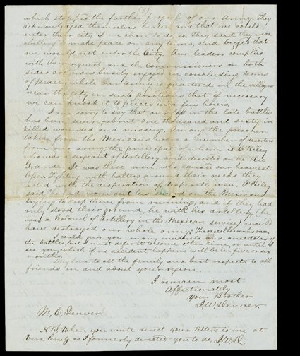 [Battles of Contreras and Churubusco] Excellent content autograph letter signed by future Governor of Kansas Territory James W. Denver, September 1, 1847, from Mixcoaca, near
Mexico City, to his sister. A lengthy 8-page letter about the bloody ad