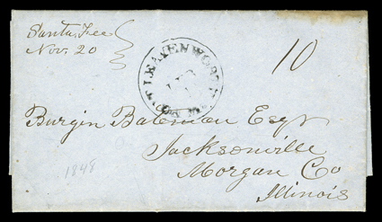 Santa Fe, Nov 20 (1848), clear manuscript military provisional government postmark on Bateman correspondence folded letter with integral address leaf to Jacksonville, Illinois,
carried up the Santa Fe trail by military express and entered the mai