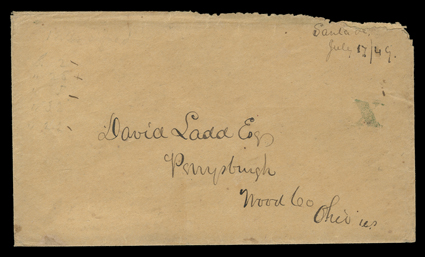 [With Kit Carson as our guide] buff cover with manuscript Santa FeJuly 1749 military manuscript postmark to Perrysburgh, Ohio with original letter, carried up the Santa Fe
Trail by military express and entered the mails at Jefferson Barrack