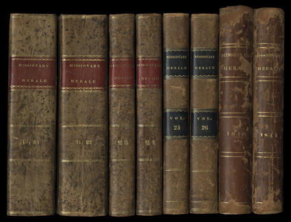 The Missionary Herald., Volumes 19-26 and 36-37 only, in eight bound books, Boston, Crocker and Brewster, 1823-41. 8vo, all half leather with marbled boards. Usual cover wear,
but sharp condition.